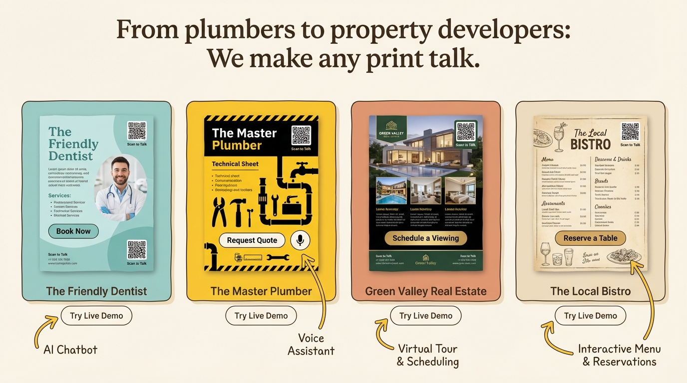 Live PitchTalks AI brochure examples: dental practice, plumber, real estate agent, and bistro restaurant